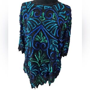Laurence Kazar ladies size 1X black blue green evening glam top 100% silk sequin